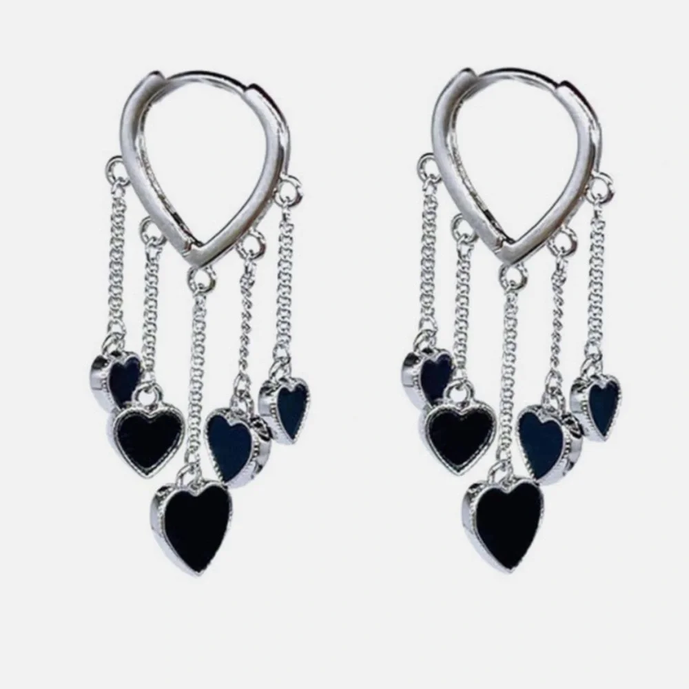 Black Heart Tassel Hoop Silver Dangle Hearts Earrings NWT - Picture 1 of 7